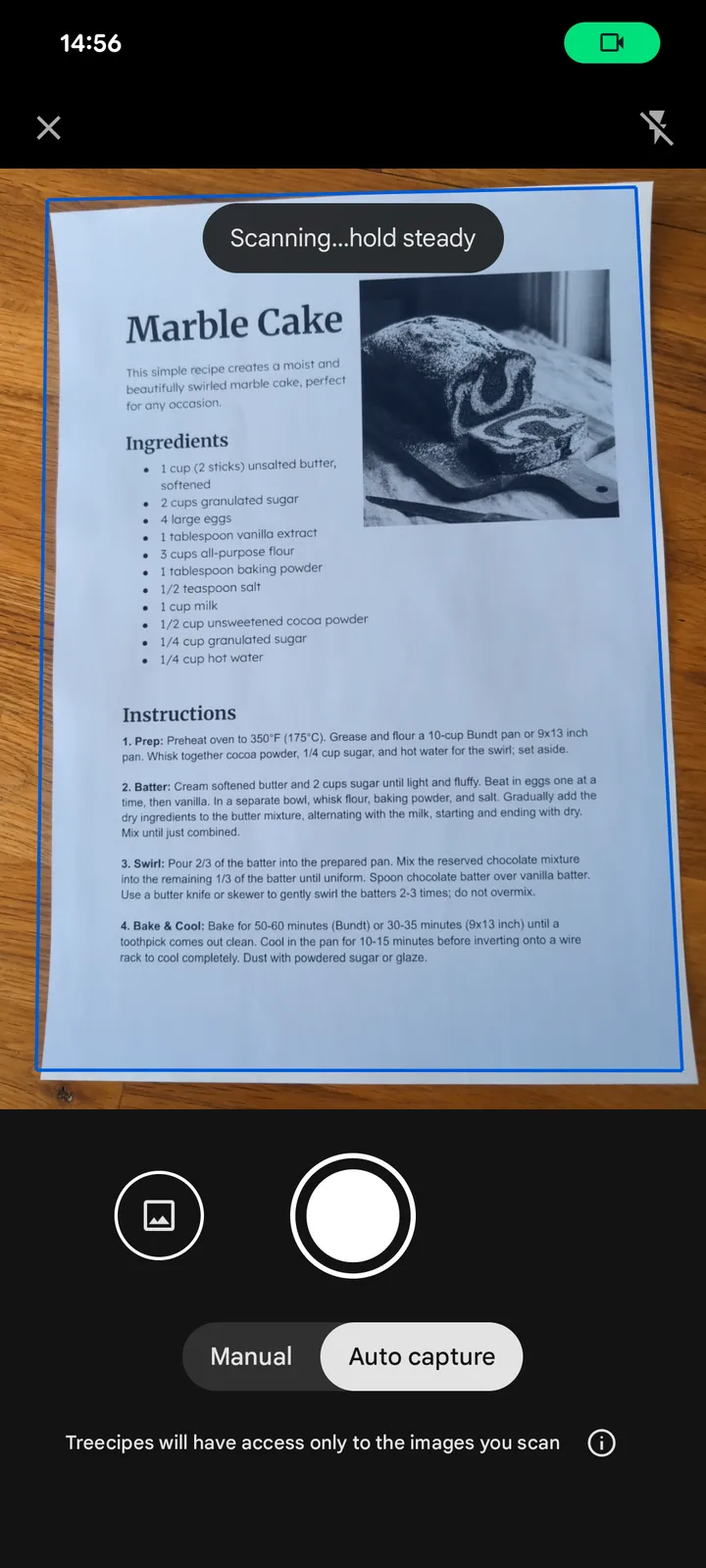 The Treecipes app scanning a printed marble cake recipe on a kitchen table